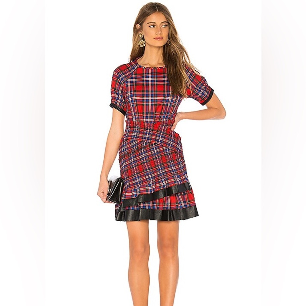 Tanya Taylor Nicole Dress Red Plaid Lambskin Trim, size 6